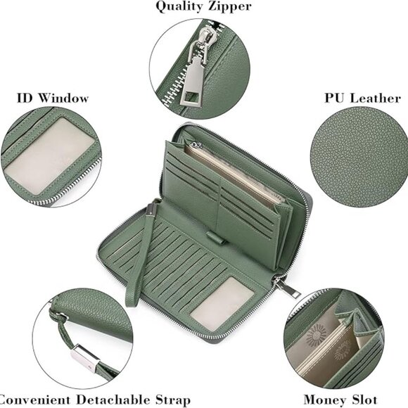 Women's Vegan Leather Clutch Wallet with Zip, Hand Strap, Large Capacity - Picture 3 of 9